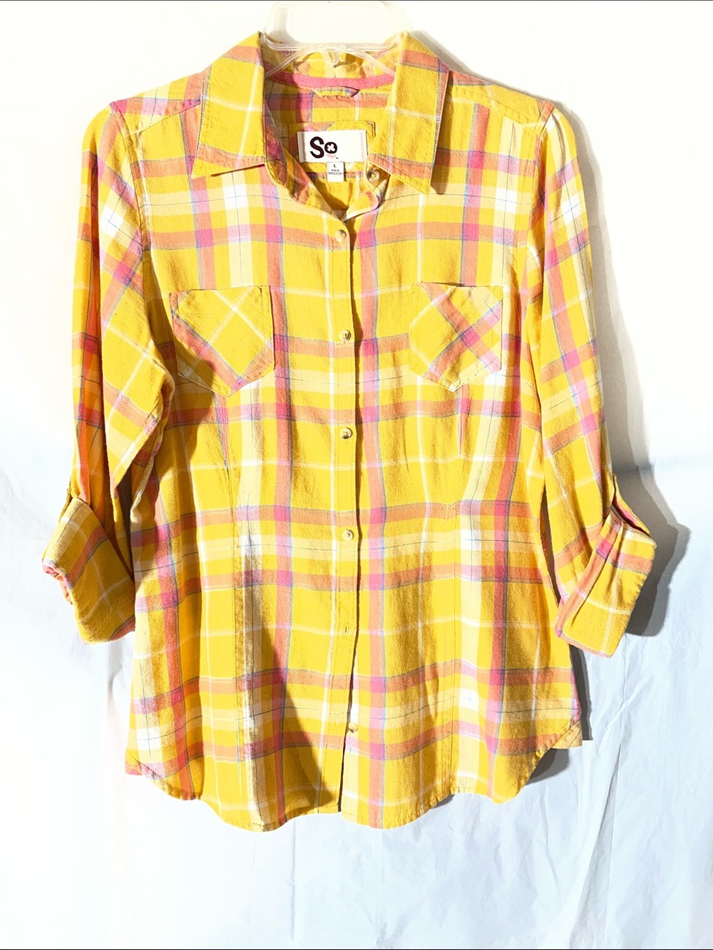 SO Yellow Plaid Button-Front Shirt with Pink & White Accents